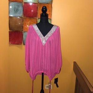Plus size, Rhinestone V neck sheer blouse
